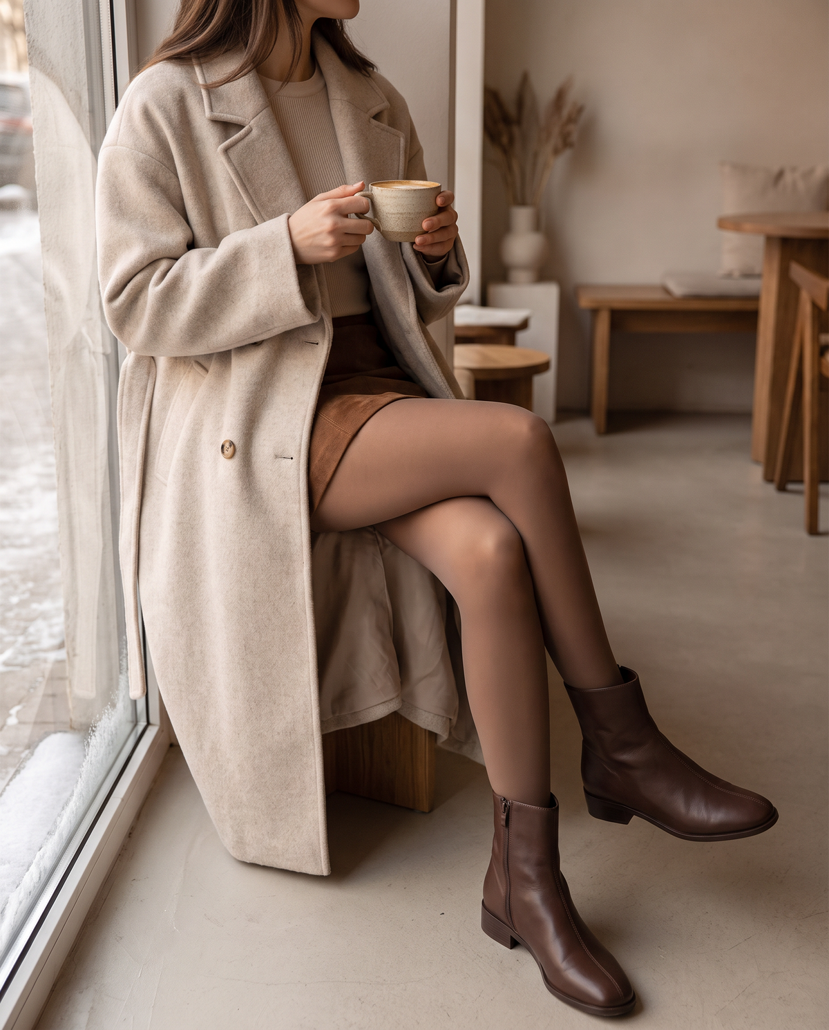 Cocoa Nude SheerSnug tights styled with a suede skirt and boots at a cafe