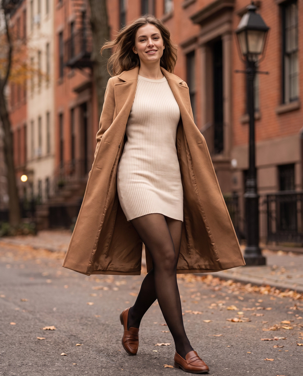 Woman in a camel coat wearing black SheerSnug fleece-lined sheer-look tights in New York